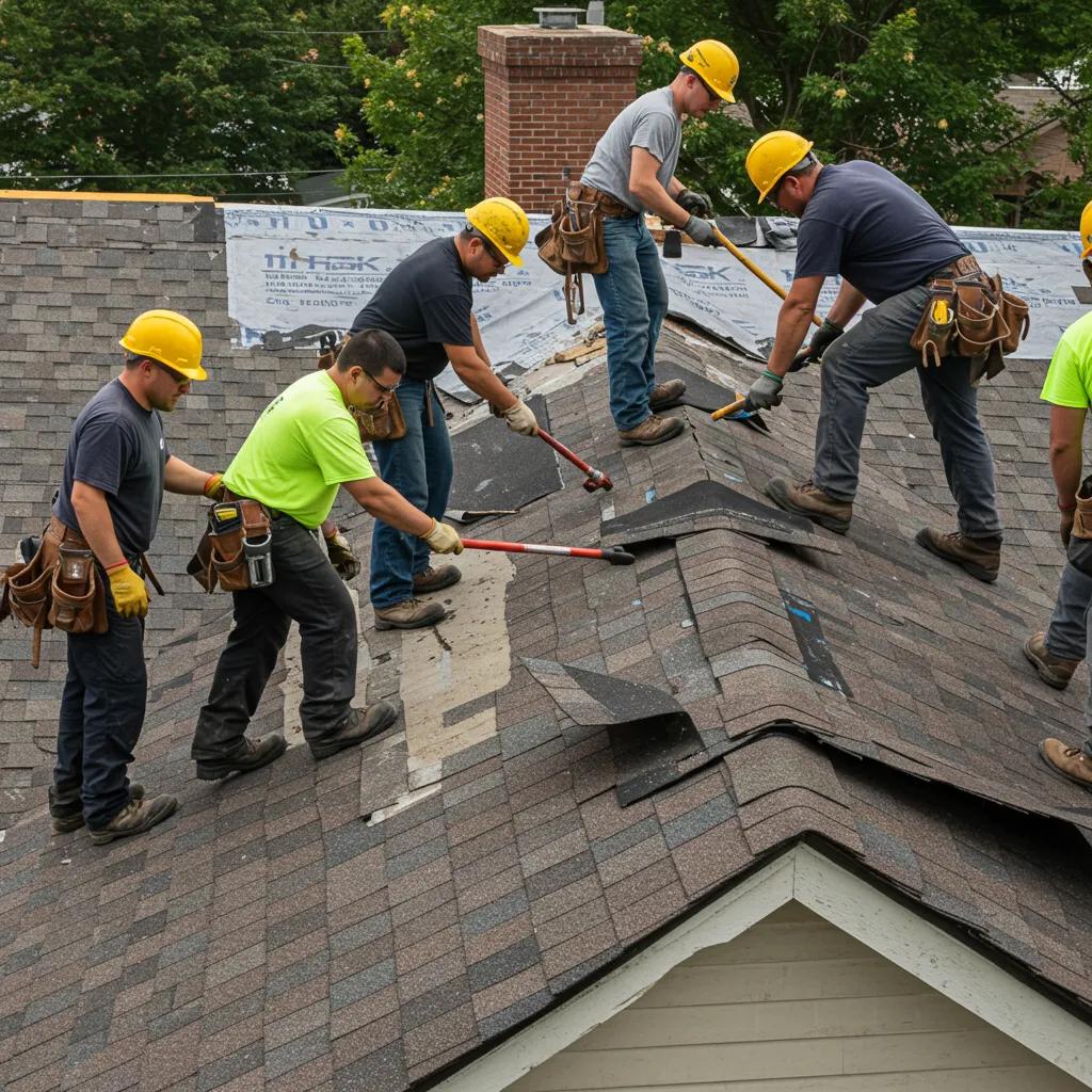 Team of professionals engaged in roof replacement process, showcasing teamwork and safety in a residential setting