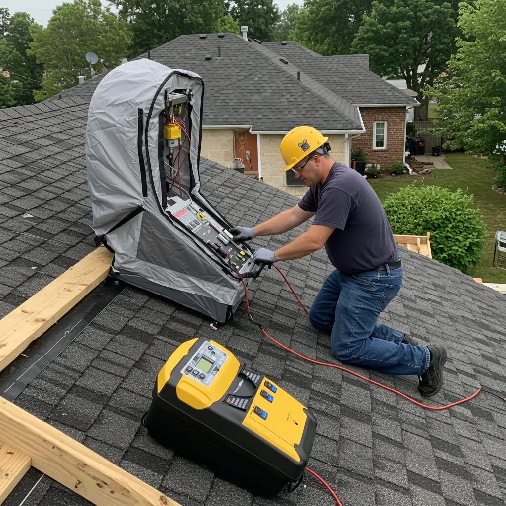 Technician conducting wind uplift testing on a residential roof in Southeast Michigan