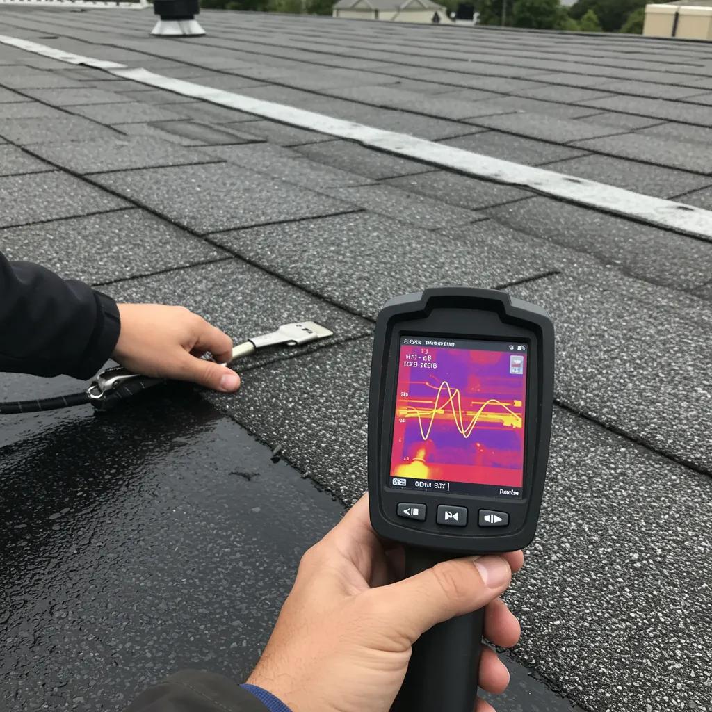 Technician using infrared thermography for moisture detection on a residential roof