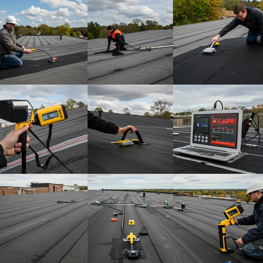 Various roof performance testing methods including infrared thermography and electronic leak detection