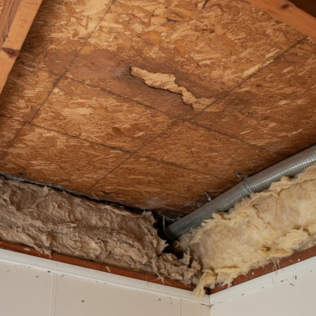 Visible water stains on a ceiling indicating roof leaks