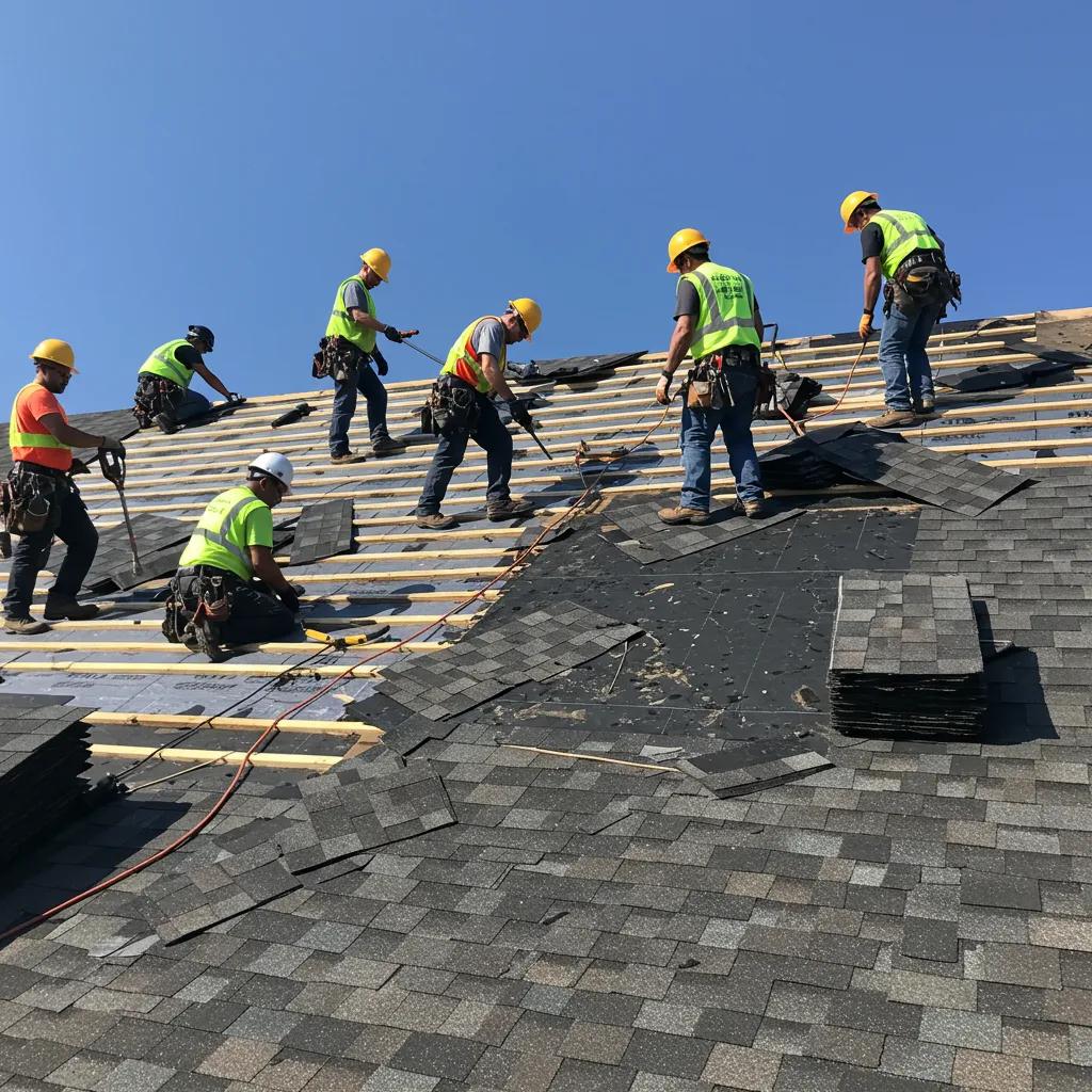 Workers performing a full asphalt shingle roof replacement, showcasing tools and new materials